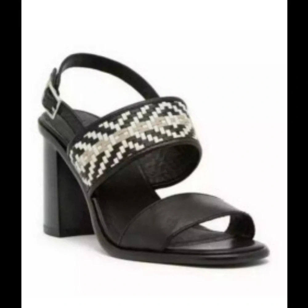 Frye Amy Black Block Heel Sandal with Woven Neutral‎ Accent